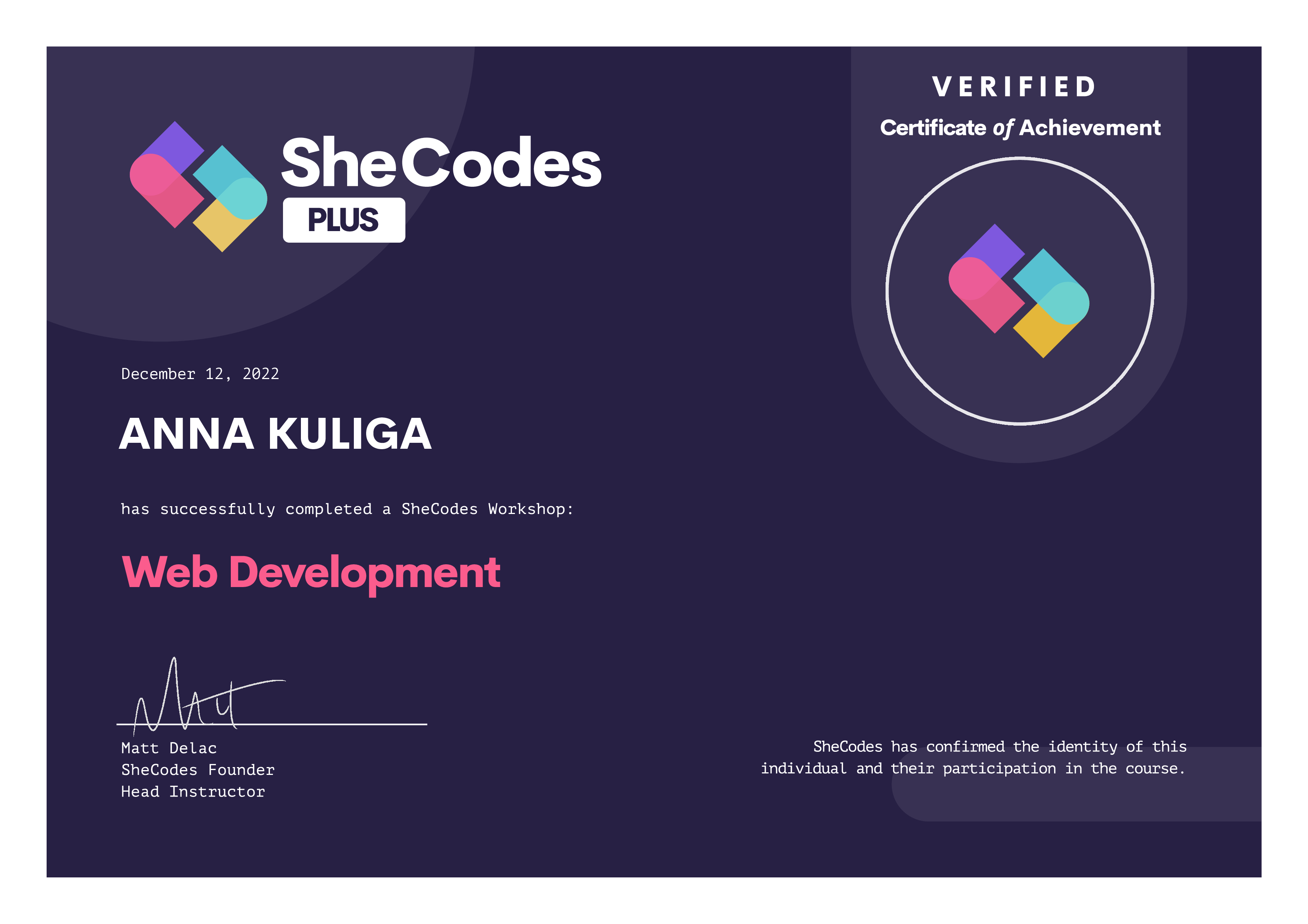 SheCodes Web Development Certificate